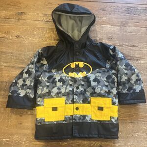 Western Chief Batman Boys Rain Coat Jacket Size 2T Lined Hooded Gray Yellow